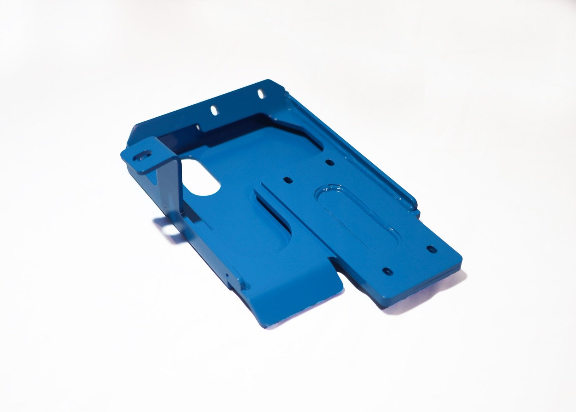 Blue powder-coated bent sheet metal part